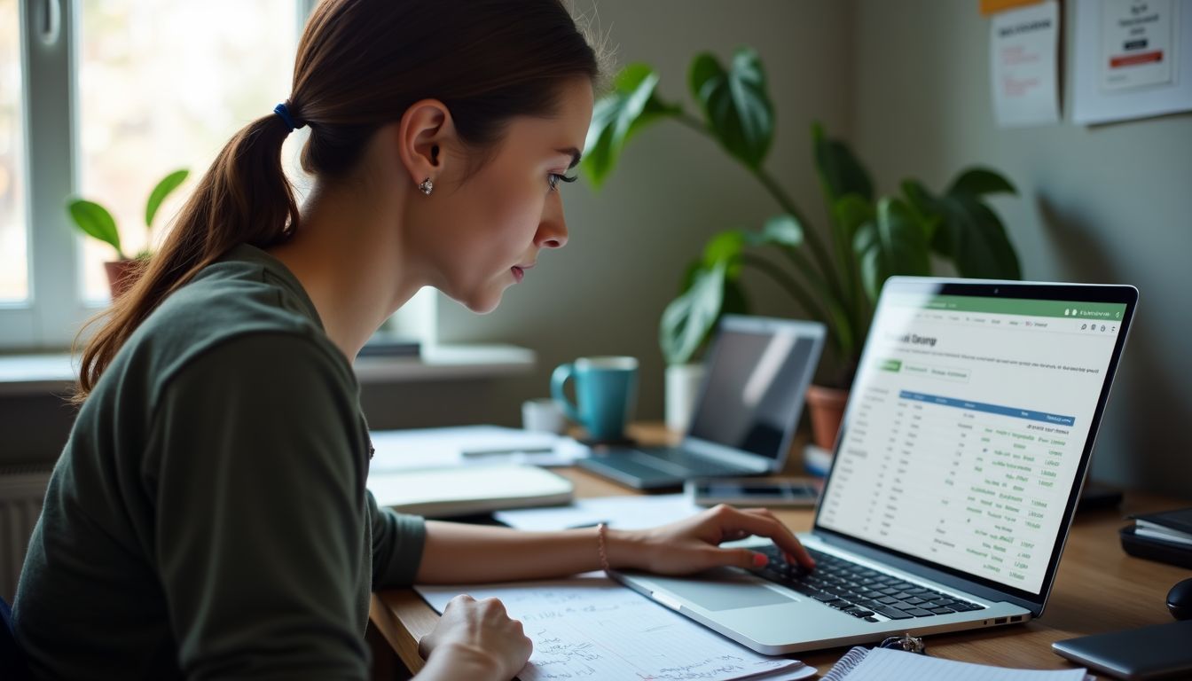 A woman in her mid-30s is sitting at a messy desk, working on technical SEO solutions on her laptop. A woman in her mid-30s is sitting at a messy desk, working on technical SEO solutions on her laptop.